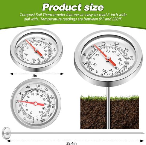 Compost Thermometer 39.4 Inch Stem Composting Soil Thermometer Waterproof Soil Temperature Thermometer, Fahrenheit and Celsius, Stainless Steel, with Composting Temperature Guide in Kuwait