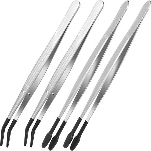 4 Pieces Tweezers with Rubber Tips PVC Rubber Coated Tweezers Rubbers Long Bent Tip Tweezer and Straight Flat Tip Tweezer for Lab Stamp Hobby Jewelry Crafts Feeding (Silver, Black) in Kuwait