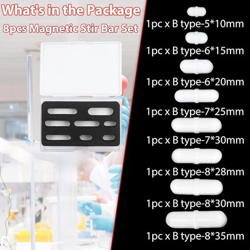 Magnetic Stir Bar Set, Lab Type-B Mixed Size PTFE Magnetic Stirrer Mixer Stir Bars for Flat Bottom Beaker, 8x35mm, 8x30mm, 8x28mm, 7x30mm Magnetism for Laboratory Home DIY Project in Kuwait