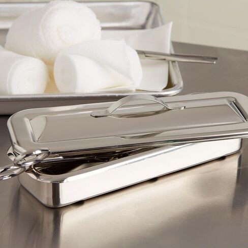 McKesson Surgical Tray - Stainless Steel Instrument Tray, Medical Metal Tray with Cover and Strap Handle, Non-Sterile, Autoclavable, Easy to Clean, 8 1/2 in x 3 in x 1 1/2 in, 1 Count in Saudi Arabia