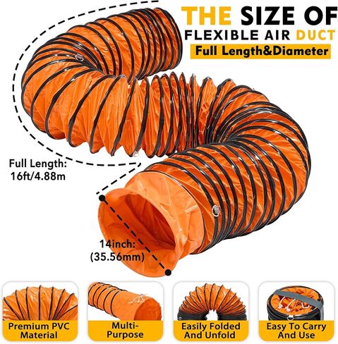 Flexible Duct Hose 8 Inch 16 Feet PVC Ducting Hose Flame Retardant with Adjustable Rope and D-Ring for Utility Blower Exhaust Fan in Kuwait