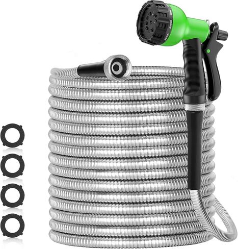 125ft 304 Stainless Steel Garden Hose Metal, Heavy Duty Water Pipe with Nozzles for Yard, Outdoor - Flexible, Never Kink & Tangle, Puncture Resistant (Sliver) in Saudi Arabia