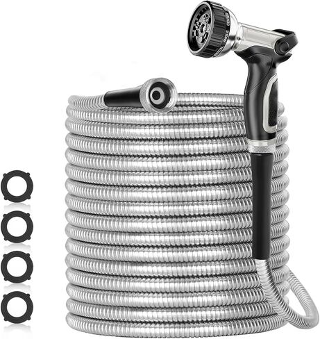 125ft 304 Stainless Steel Garden Hose Metal, Heavy Duty Water Pipe with Nozzles for Yard, Outdoor - Flexible, Never Kink & Tangle, Puncture Resistant (Sliver) in Saudi Arabia
