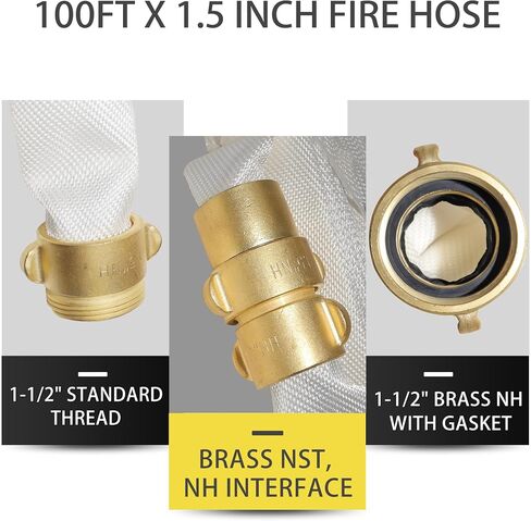 خرطوم النار 100 قدم × 1-1/2 "معرف ، نحاس ناشط ، واجهة NH ، TPU ، البوليستر ، ضغط العمل 250 رطل ، ضغط الانفجار 500 رطل ، النار الداخلية ، المنزل ، غارم حريق الري. in Kuwait