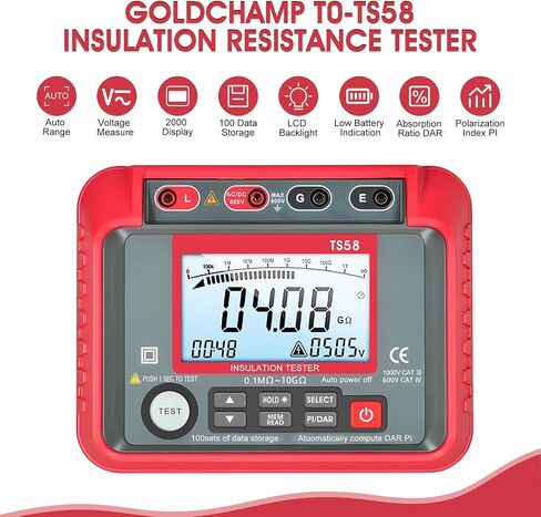 Megohmmeter, 0.1MΩ~20GΩ Digital Insulation Resistance Tester ACV DCV 10-600V Megger Megohm Testing Meter with 100 Data Storages, Low Battery Indicator, LCD Backlight Display for Electrical Equipment in Saudi Arabia