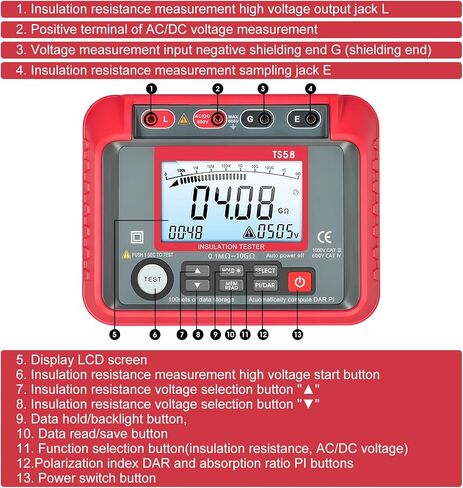 Megohmmeter, 0.1MΩ~20GΩ Digital Insulation Resistance Tester ACV DCV 10-600V Megger Megohm Testing Meter with 100 Data Storages, Low Battery Indicator, LCD Backlight Display for Electrical Equipment in Saudi Arabia