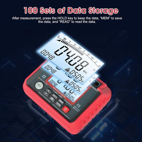 Megohmmeter, 0.1MΩ~20GΩ Digital Insulation Resistance Tester ACV DCV 10-600V Megger Megohm Testing Meter with 100 Data Storages, Low Battery Indicator, LCD Backlight Display for Electrical Equipment in Saudi Arabia
