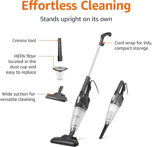 Amazon Basics 2-in-1 Corded Stick Vacuum Cleaner, Convertible to Handheld, Lightweight (3.9 LBS), with Washable HEPA Filter, Crevice Tools, 0.5L Dust Cup, 19.7-Ft Cord, 300W, Black in Kuwait