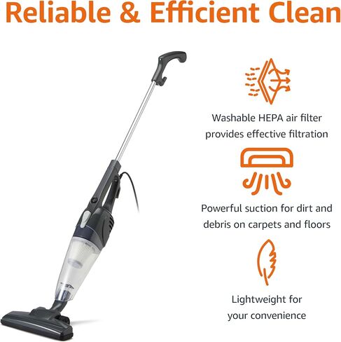 Amazon Basics 2-in-1 Corded Stick Vacuum Cleaner, Convertible to Handheld, Lightweight (3.9 LBS), with Washable HEPA Filter, Crevice Tools, 0.5L Dust Cup, 19.7-Ft Cord, 300W, Black in Kuwait