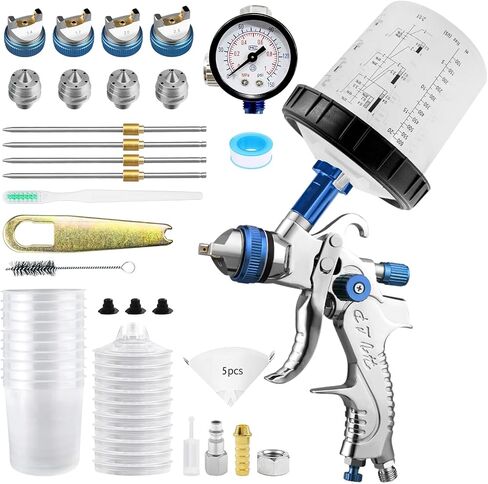 HVLP Spray Gun with 10x 600ML Disposable Paint Cups, 4 Nozzles,1.4/1.7/2.0/2.5mm, Automotive Paint Guns Gravity Feed Air Spray Gun Kit with Air Compressor for Cars, Furniture, Fence, DIY in Saudi Arabia