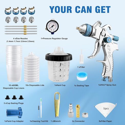HVLP Spray Gun with 10x 600ML Disposable Paint Cups, 4 Nozzles,1.4/1.7/2.0/2.5mm, Automotive Paint Guns Gravity Feed Air Spray Gun Kit with Air Compressor for Cars, Furniture, Fence, DIY in Saudi Arabia