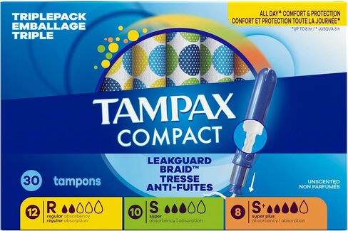 Tampax Compact Pearl Tampons Multipack, with LeakGuard Braid & Extendable Applicator, Regular/Super/Plus Absorbency, Compact Extendable Applicator, Unscented, 30 Count in Saudi Arabia