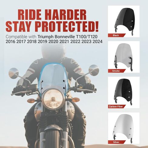Motorcycle Windshield Deflector with Bracket Double Bubble Windscreen Fit for Triumph Bonneville T100 T120 2016-2024 Wind Shield Screen Visor Flyscreen, Black in Kuwait