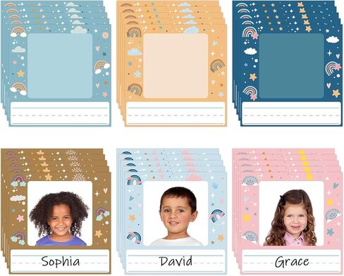 48pcs أطفال أسماء صور للمكتب للأطفال الخضراء اسم الملصقات الملصقات مع الصور الفوتوغرافية ذات النشرة ذاتية اللوحة للعودة إلى مستلزمات الطالب المدرسية زخرفة الفصول الدراسية in Kuwait