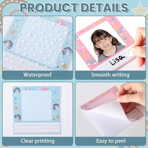 48pcs أطفال أسماء صور للمكتب للأطفال الخضراء اسم الملصقات الملصقات مع الصور الفوتوغرافية ذات النشرة ذاتية اللوحة للعودة إلى مستلزمات الطالب المدرسية زخرفة الفصول الدراسية in Kuwait