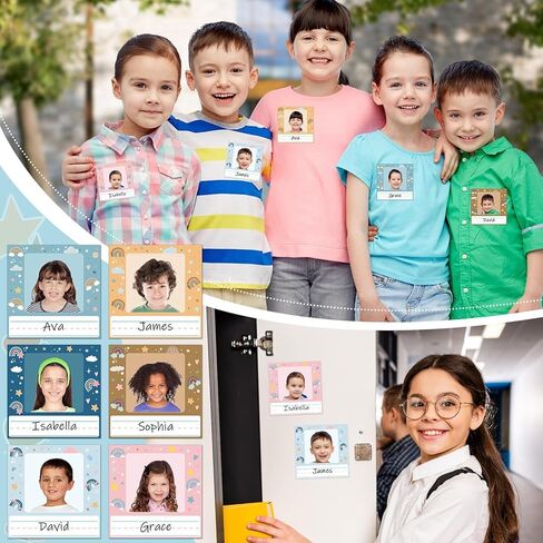 48pcs أطفال أسماء صور للمكتب للأطفال الخضراء اسم الملصقات الملصقات مع الصور الفوتوغرافية ذات النشرة ذاتية اللوحة للعودة إلى مستلزمات الطالب المدرسية زخرفة الفصول الدراسية in Kuwait