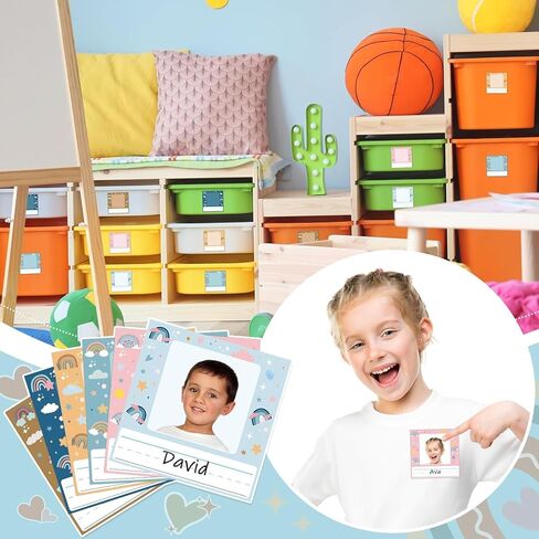 48pcs أطفال أسماء صور للمكتب للأطفال الخضراء اسم الملصقات الملصقات مع الصور الفوتوغرافية ذات النشرة ذاتية اللوحة للعودة إلى مستلزمات الطالب المدرسية زخرفة الفصول الدراسية in Kuwait