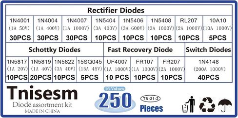 Tnisesm 20Values Diodes Kit 1N4001 1N4002 1N4003 1N4004 1N4005 1N4006 1N4007 1N4148 1N5404 1N5406 1N5408 RL207 UF4007 FR107 FR207 1N5817 1N5819 1N5822 15SQ045 10A10 Rectifier Schottky Diode Assortment in Saudi Arabia