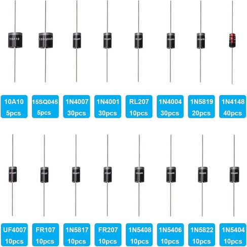 Tnisesm 20Values Diodes Kit 1N4001 1N4002 1N4003 1N4004 1N4005 1N4006 1N4007 1N4148 1N5404 1N5406 1N5408 RL207 UF4007 FR107 FR207 1N5817 1N5819 1N5822 15SQ045 10A10 Rectifier Schottky Diode Assortment in Saudi Arabia