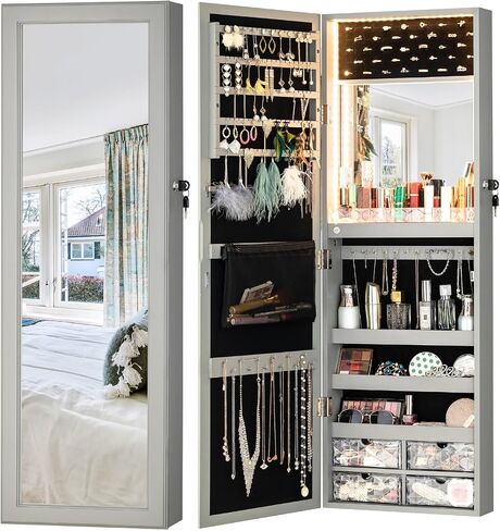 Luxfurni LED Lights Mirror Mirror Jewellry Cabinet Wall Orged Or Door ، مرآة كاملة الطول مع تخزين ، مرآة مكياج مدمجة ، منظم مرآة للمجوهرات القابلة للقفل ، أبيض in Kuwait
