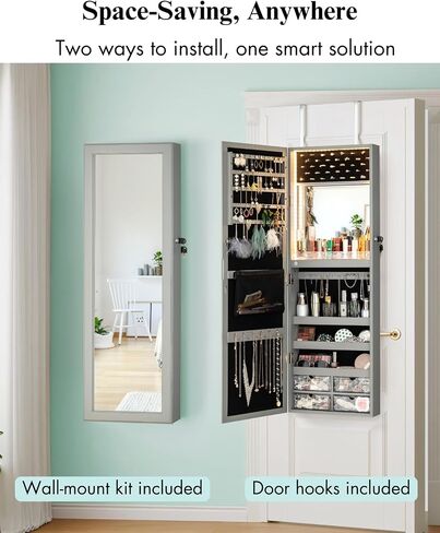 Luxfurni LED Lights Mirror Mirror Jewellry Cabinet Wall Orged Or Door ، مرآة كاملة الطول مع تخزين ، مرآة مكياج مدمجة ، منظم مرآة للمجوهرات القابلة للقفل ، أبيض in Kuwait
