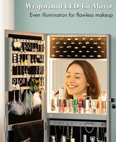 Luxfurni LED Lights Mirror Mirror Jewellry Cabinet Wall Orged Or Door ، مرآة كاملة الطول مع تخزين ، مرآة مكياج مدمجة ، منظم مرآة للمجوهرات القابلة للقفل ، أبيض in Kuwait
