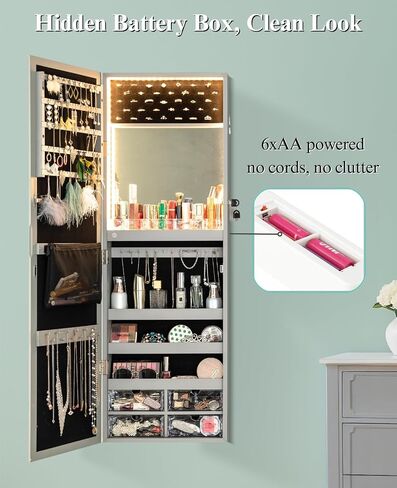Luxfurni LED Lights Mirror Mirror Jewellry Cabinet Wall Orged Or Door ، مرآة كاملة الطول مع تخزين ، مرآة مكياج مدمجة ، منظم مرآة للمجوهرات القابلة للقفل ، أبيض in Kuwait