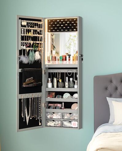 Luxfurni LED Lights Mirror Mirror Jewellry Cabinet Wall Orged Or Door ، مرآة كاملة الطول مع تخزين ، مرآة مكياج مدمجة ، منظم مرآة للمجوهرات القابلة للقفل ، أبيض in Kuwait