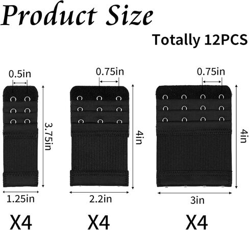 12 PCS Bra Extenders 2 Hook / 3 Hook / 4 Hook, Bra Strap Extender, Bra Extension Strap for Women Plus Size Soft and Comfortable (Black, White, Nude, Beige) in Kuwait