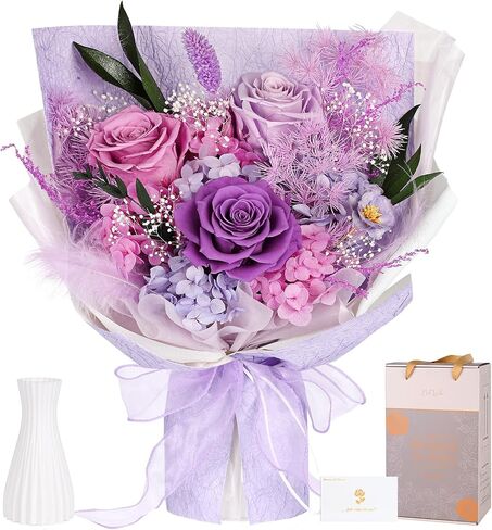 Preserved Flowers Bouquet 4 Roses - Pink Roses & Flowers for Delivery, Long-Lasting Real Roses Forever, Eternal Roses Bouquet for Mothers, Mom, Wife Anniversary Birthday Gifts for Women in Saudi Arabia