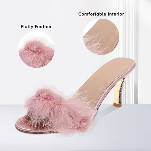 YIBLBOX Women's Round Toe Sandal Fluffy Feather Slippers Kitten Heeled Slippers in Kuwait
