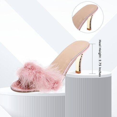 YIBLBOX Women's Round Toe Sandal Fluffy Feather Slippers Kitten Heeled Slippers in Kuwait