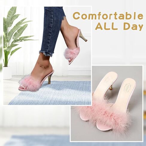 YIBLBOX Women's Round Toe Sandal Fluffy Feather Slippers Kitten Heeled Slippers in Kuwait