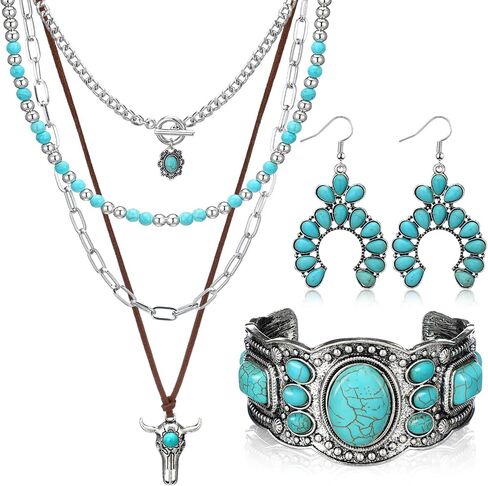 Inbagi 3 Pcs Boho Western Jewelry for Women Layered Necklace Cowboy Cowgirls Western Women's Necklace Silver Bracelet and Dangle Earrings in Kuwait