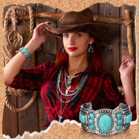 Inbagi 3 Pcs Boho Western Jewelry for Women Layered Necklace Cowboy Cowgirls Western Women's Necklace Silver Bracelet and Dangle Earrings in Kuwait