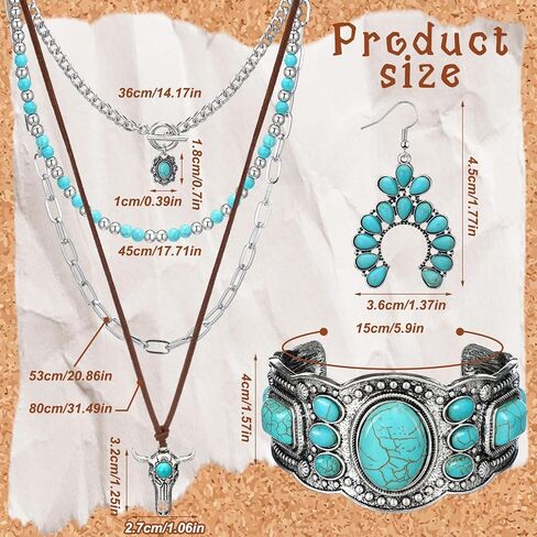 Inbagi 3 Pcs Boho Western Jewelry for Women Layered Necklace Cowboy Cowgirls Western Women's Necklace Silver Bracelet and Dangle Earrings in Kuwait