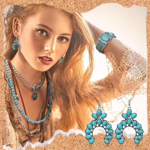 Inbagi 3 Pcs Boho Western Jewelry for Women Layered Necklace Cowboy Cowgirls Western Women's Necklace Silver Bracelet and Dangle Earrings in Kuwait
