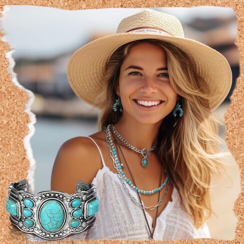 Inbagi 3 Pcs Boho Western Jewelry for Women Layered Necklace Cowboy Cowgirls Western Women's Necklace Silver Bracelet and Dangle Earrings in Kuwait