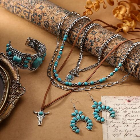 Inbagi 3 Pcs Boho Western Jewelry for Women Layered Necklace Cowboy Cowgirls Western Women's Necklace Silver Bracelet and Dangle Earrings in Kuwait