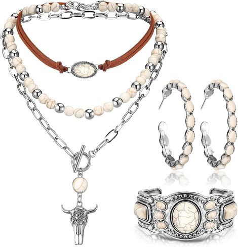 Inbagi 3 Pcs Boho Western Jewelry for Women Layered Necklace Cowboy Cowgirls Western Women's Necklace Silver Bracelet and Dangle Earrings in Kuwait