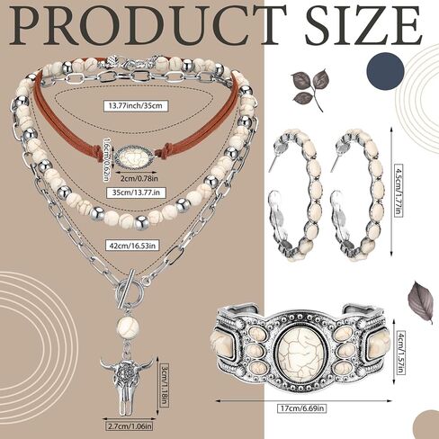 Inbagi 3 Pcs Boho Western Jewelry for Women Layered Necklace Cowboy Cowgirls Western Women's Necklace Silver Bracelet and Dangle Earrings in Kuwait