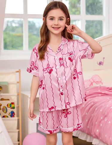 Swomog Kids Satin Pajamas مجموعات Girls Boys Button-Down Pjs Pjs Short Silk Nightwear 2 قطعة مجموعات صالة in Saudi Arabia