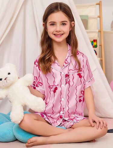 Swomog Kids Satin Pajamas مجموعات Girls Boys Button-Down Pjs Pjs Short Silk Nightwear 2 قطعة مجموعات صالة in Saudi Arabia
