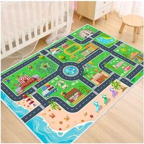 Kids Car Rug, Carpet Playmat for Kids Toy Cars and Train, City Life Educational Road Traffic Play Mat for Playroom, Non Slip Play Mat for Bedroom Kids Room Classroom Nursery(2.6×3.9ft/31×47in)