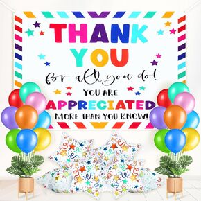 7 x 5 ft Thank You for All You Do Backdrop Banner with 100 Pcs Colors Balloon 8 Pcs Star Foil Balloon Congratulations Graduates Thanks for Teacher Doctor Staff Retirement Party Supplies