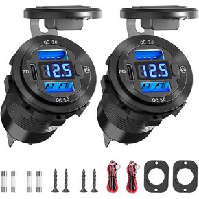 12V USB Car Charger Socket 2 Pack: Upgraded Aluminum Metal 56W 12 Volt USB Outlet PD3.0 20W USB C and Dual QC3.0 18W Multi Car USB Port with LED Voltmeter ON/Off Switch for Boat Marine RV Motorcycle
