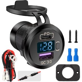 Quick Charge 3.0 Dual USB Car Charger Socket with LED Voltmeter and ON Off Switch Fused Wire Kit 12V/24V PD QC3.0 Fast Charge USB Outlet for Car Boat Marine RV Truck Golf