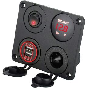 Linkstyle 4 in 1 Charger Socket Panel, 12V 4.2A Dual USB Charger Socket Power Outlet& LED Voltmeter & Cigarette Lighter Socket & Green LED Lighted ON/Off Rocker Toggle Switch for Car Marine Boat Truck