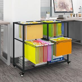 PUNCIA 2 Tiers 2 Column Heavy Duty Metal Rolling File Carts with Wheels Hanging Files for Letter Size Movable Pull-Out File Folder Rack Drawer File Cabinet for Home Office