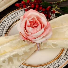 Pearl Napkin Rings Set of 12 Pink Flower Napkin Rings Rose Pearl Napkins Holders Rustic Dinner Table Rings for Wedding Party Banquet Birthday Table Decor, 1.9 x 4.1 in